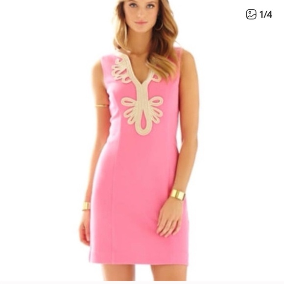 Lilly Pulitzer Dresses & Skirts - Lilly Pulitzer Janice Cotton Shift Dress in Pink size 2 light gold & pink